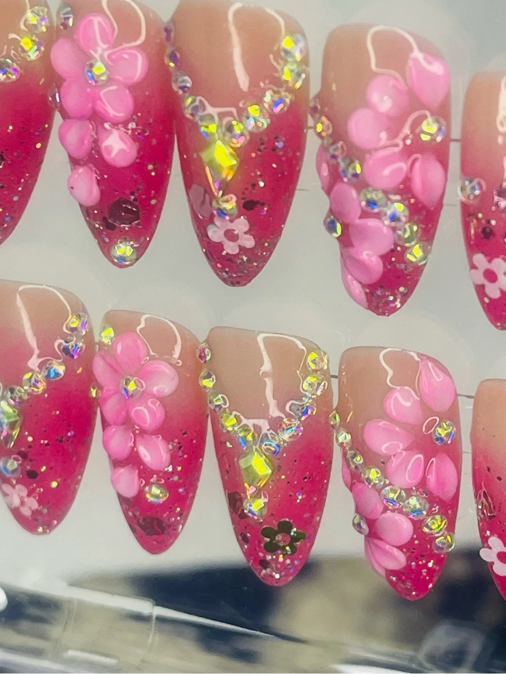 Pink 3D Floral Rhinestone Handmade Press-On Nail Set